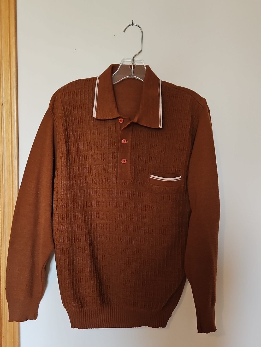 Men's Long Sleeve Polo Sweater in Brown with Contrast Trim